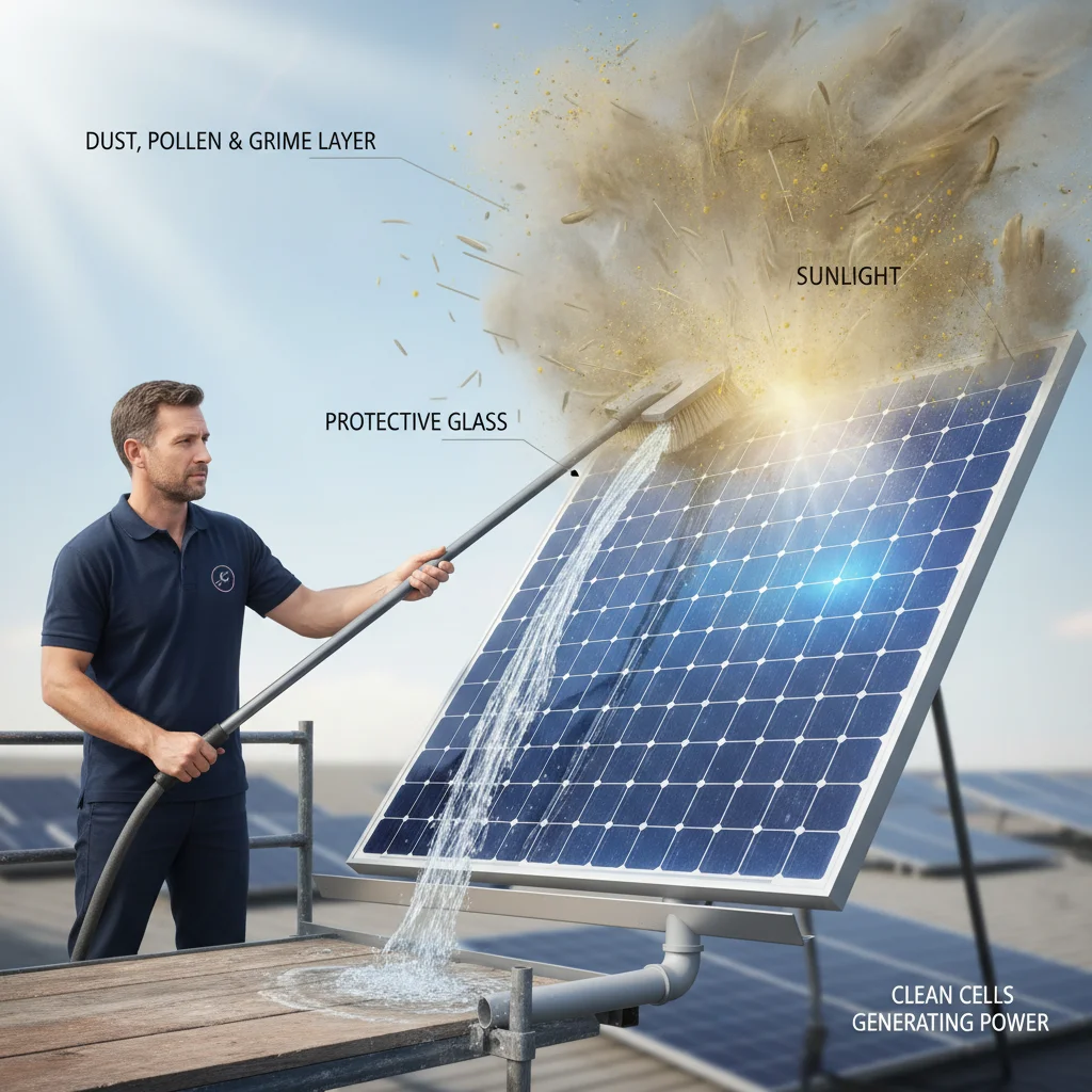 An infographic showing the step-by-step soft-wash process for cleaning solar panels with deionized water.