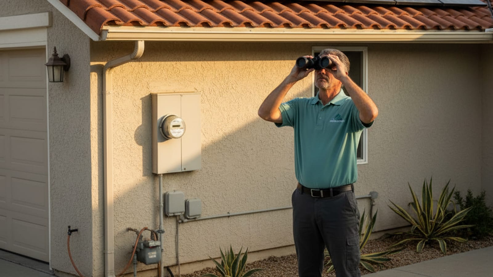 Homeowner standing on a San Diego driveway looking up at a residential solar array with binoculars