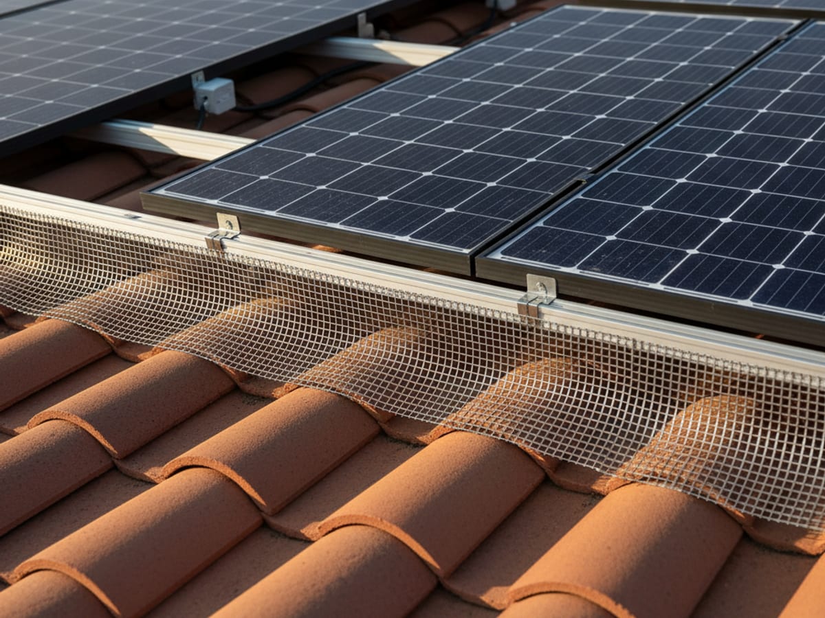 Galvanized critter guard mesh installed around the perimeter of a residential solar array