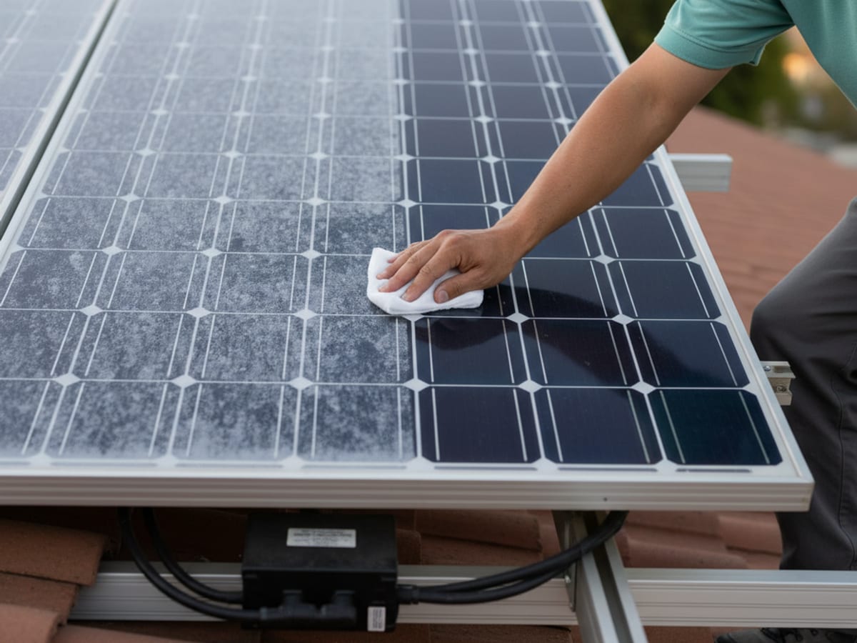 Before-and-after of a solar panel with hard water etching, restored to clear