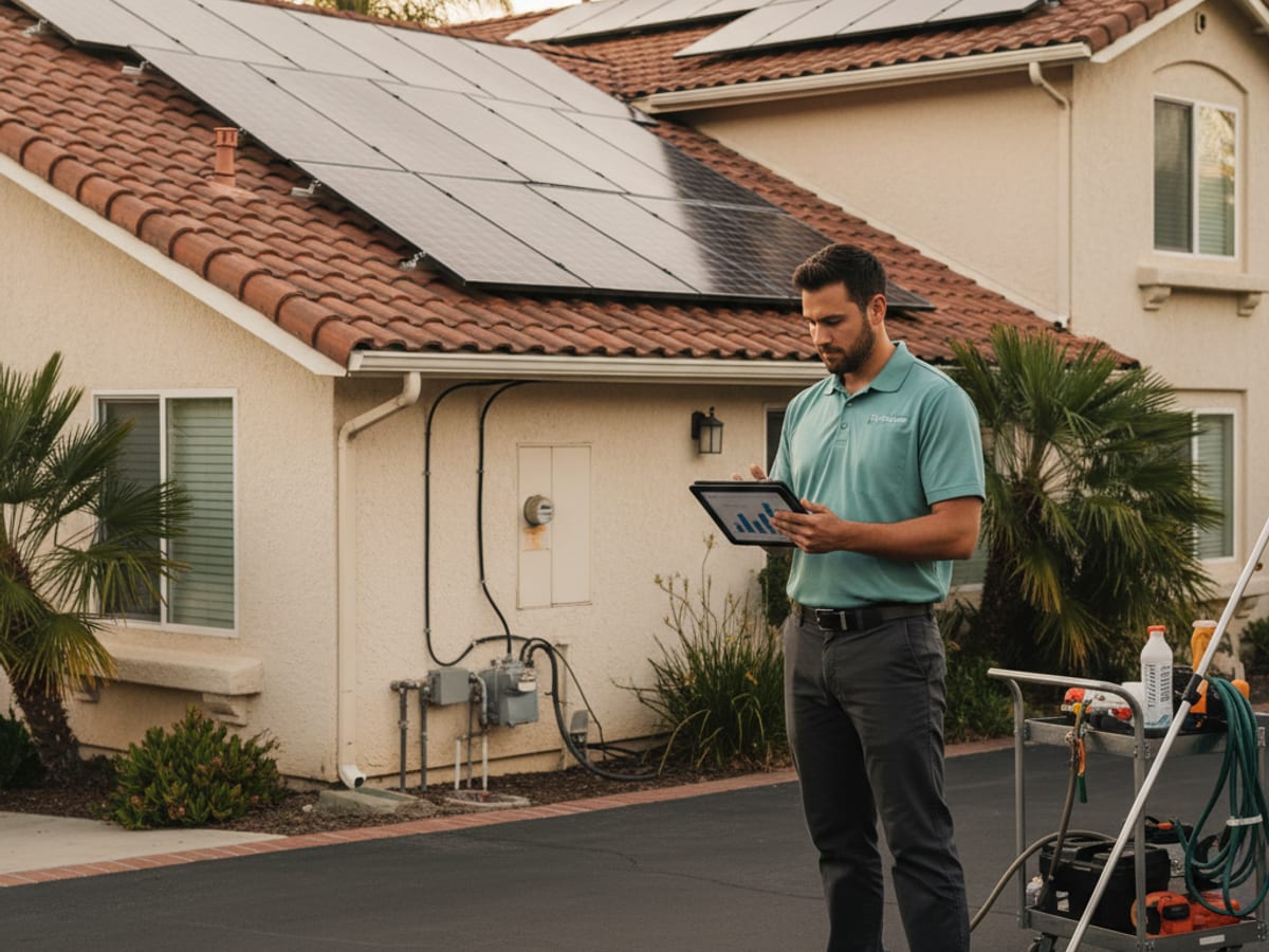 Service technician documenting solar production data on a tablet next to clean panels