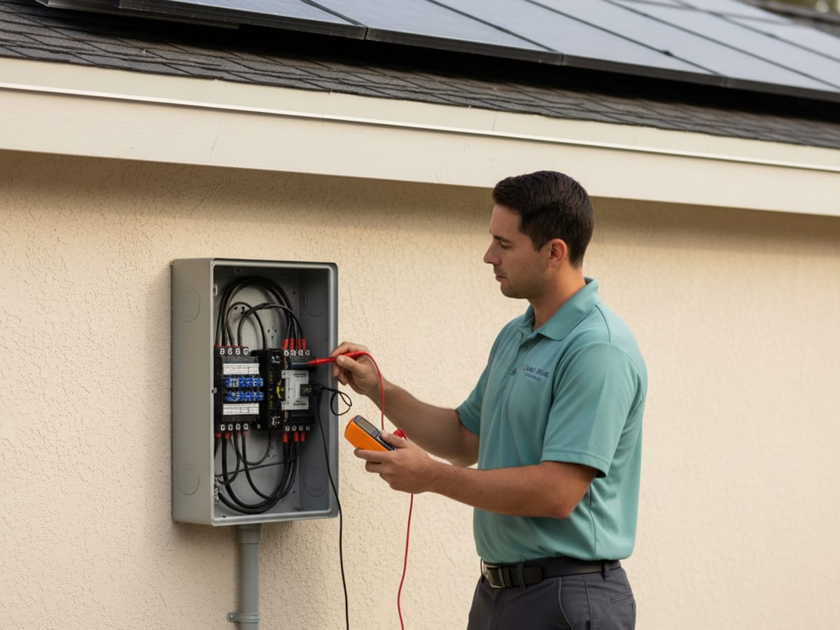 A technician inspecting a rooftop solar array in San Diego, checking panel surfaces and wiring connections.